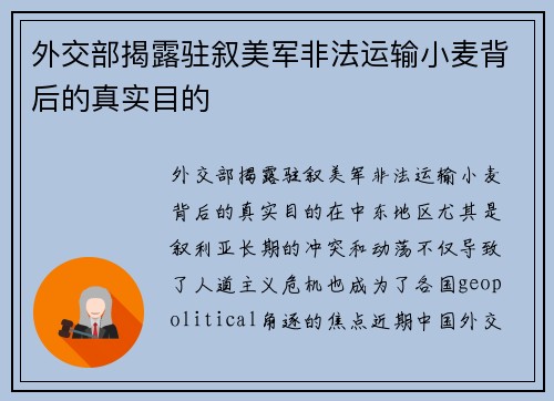外交部揭露驻叙美军非法运输小麦背后的真实目的