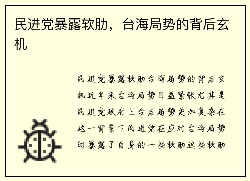 民进党暴露软肋，台海局势的背后玄机