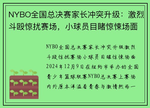 NYBO全国总决赛家长冲突升级：激烈斗殴惊扰赛场，小球员目睹惊悚场面