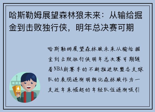 哈斯勒姆展望森林狼未来:从输给掘金到击败独行侠,明年总决赛可期 哈斯勒姆展望森林狼未来:从输给掘金到击败独行侠,明年总决赛可期