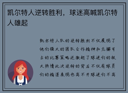 凯尔特人逆转胜利,球迷高喊凯尔特人雄起 凯尔特人逆转胜利,球迷高喊凯尔特人雄起