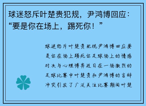 球迷怒斥叶楚贵犯规,尹鸿博回应:“要是你在场上,踢死你!” 球迷怒斥叶楚贵犯规,尹鸿博回应:“要是你在场上,踢死你!”