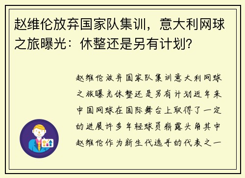 赵维伦放弃国家队集训,意大利网球之旅曝光:休整还是另有计划? 赵维伦放弃国家队集训,意大利网球之旅曝光:休整还是另有计划?
