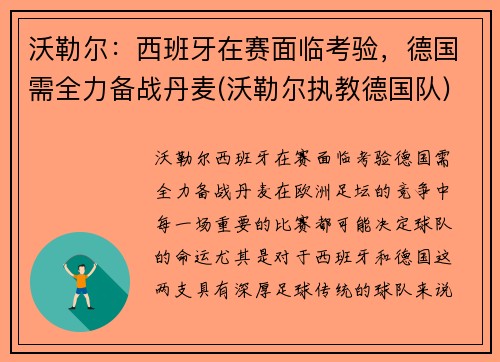 沃勒尔：西班牙在赛面临考验，德国需全力备战丹麦(沃勒尔执教德国队)